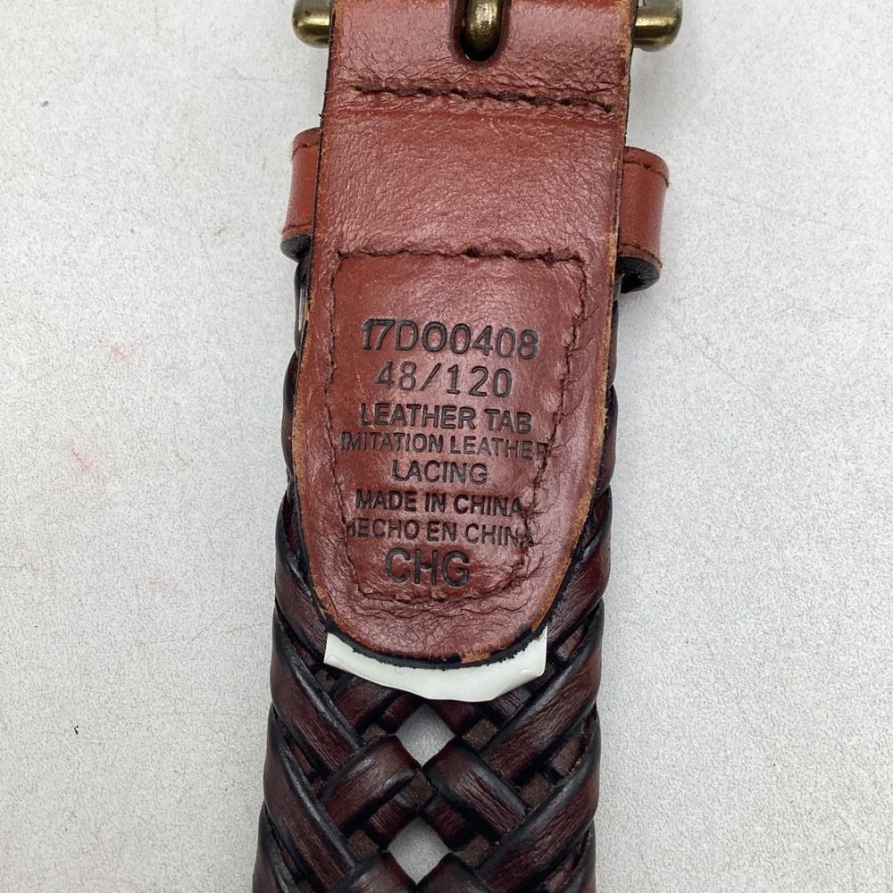 Dockers Mens Braided Woven Belt Brown Leather Tab Brass Buckle 48 120 17D00408